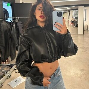 KHY Faux Leather hooded cropped jacket